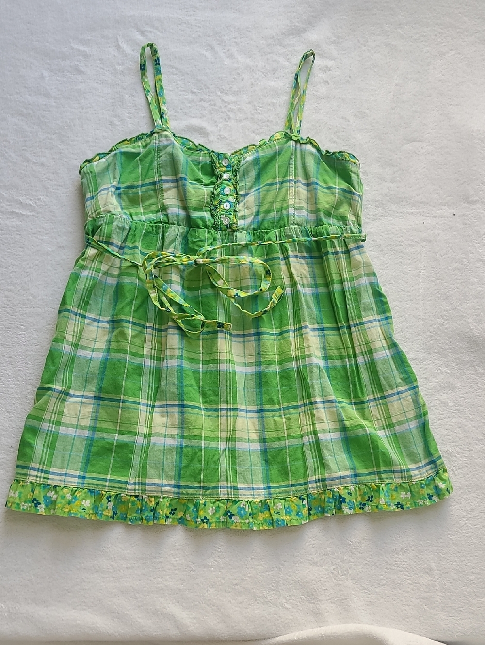 Y2K Cotton Green Plaid Smocked Waist Floral Trim Tank Picnic Summer Babydoll